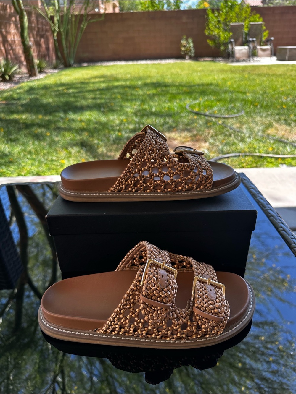 Joie Brown Woven Double-Buckle Slide Sandals. Women’s 7.5 . Comfort , resort.